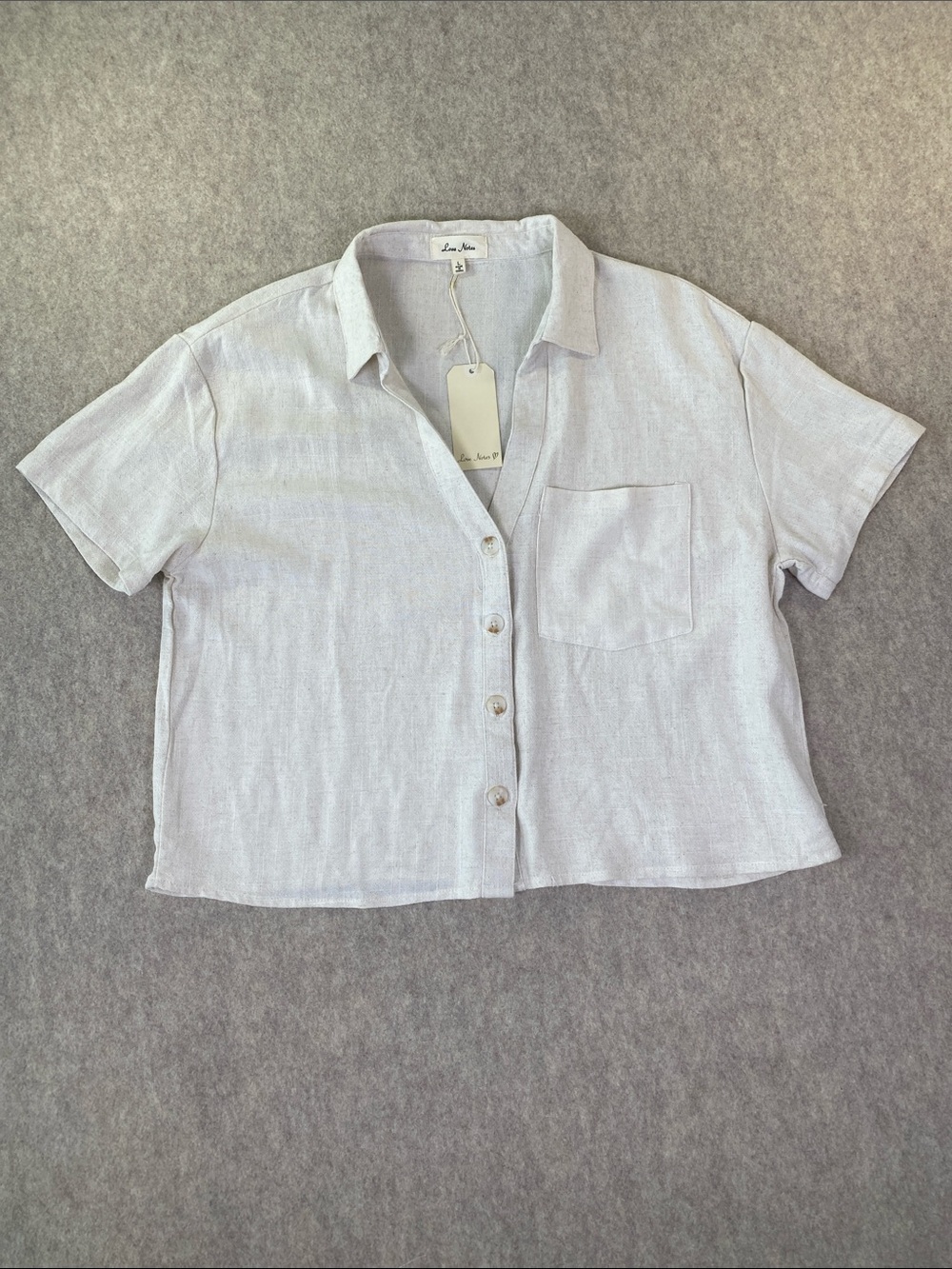 Love Notes Oatmeal Linen Blend Cropped Button Down Shirt NWT Size Large
